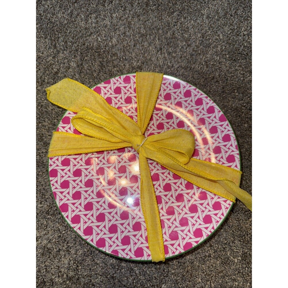 6 Pink Green Cynthia Rowley Melamine 9” Plates Geo Wicker Cane Pattern Preppy